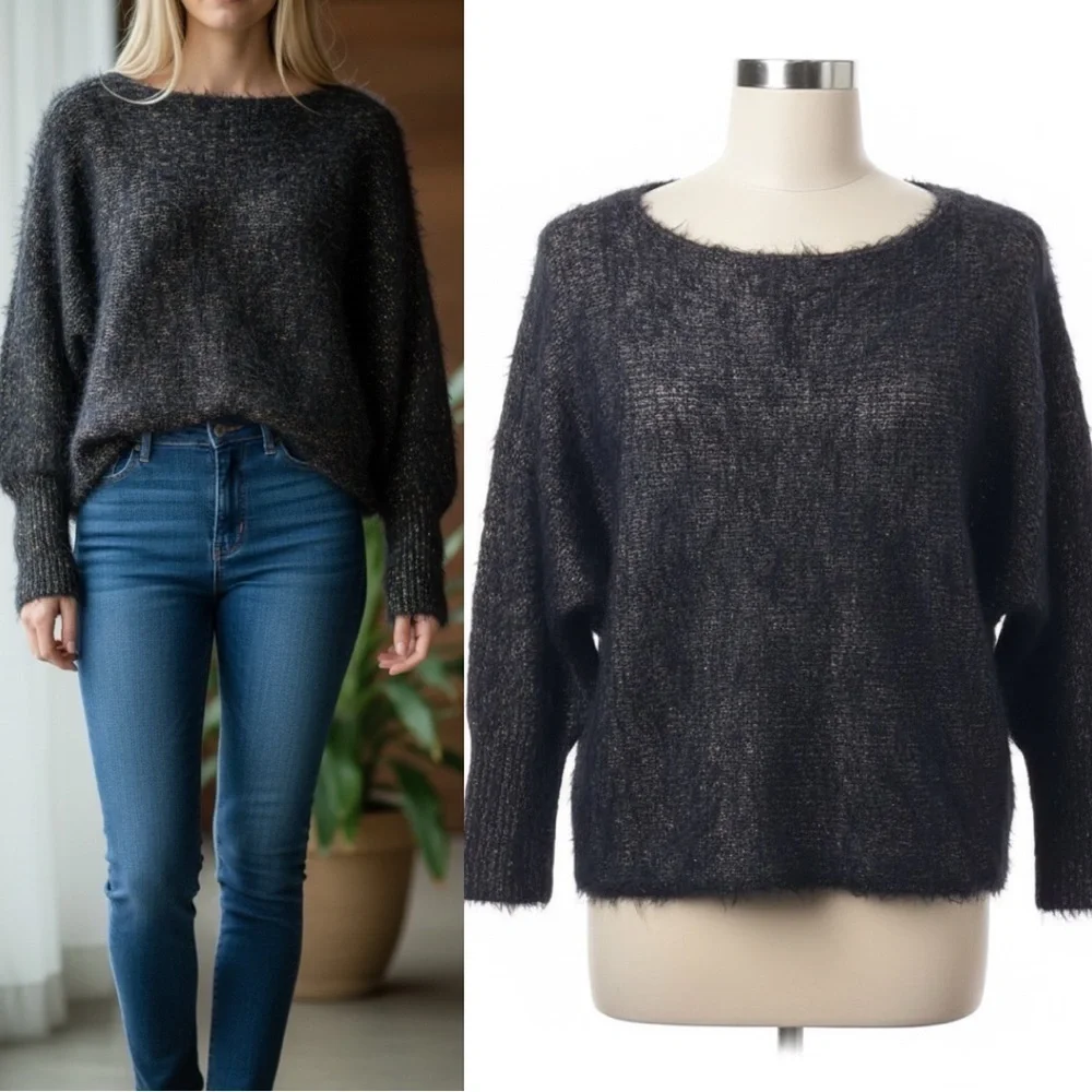527 Jennifer Lopez | NWOT Black & Gold Metallic Fuzzy Dolman Sweater (size XS/S)